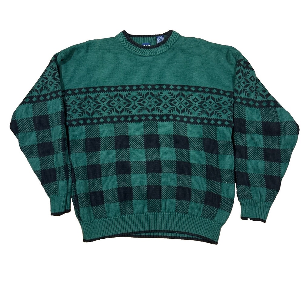 VINTAGE GAP Men's Green Buffalo Plaid Fair Isle Sweater Size M Cotton 90s